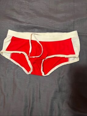 Men's Red and Cream Swim Trunks - Classic Drawstring Swim Briefs